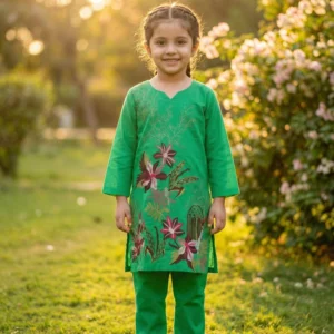 Girls Embroidered Kurta Set Green– Floral Ethnic Wear