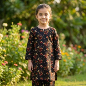 Girls Black Autumn Leaf Print 2-Piece Cotton Suit – Ready-to-Wear Pret