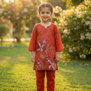 Girls Embroidered Kurta Set Terracotta– Floral Ethnic Wear