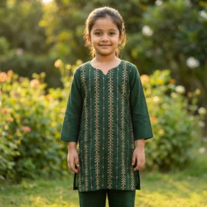 Girls Bottle Green Vertical Vine Embroidered 2-Piece Suit – Elegant Stitched