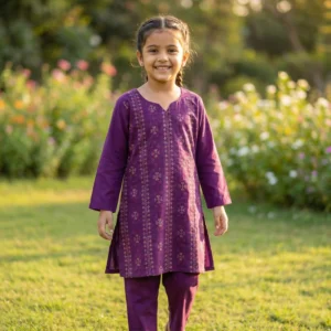 Girls Plum Purple Printed 2-Piece Ethnic Kurta Set | Traditional Cotton Suit for Kids