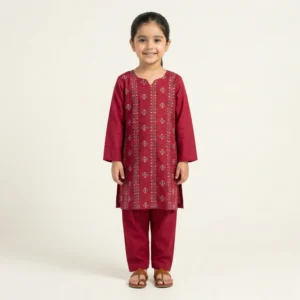 Girls Maroon Embroidered-Style 2-Piece Ethnic Set | Kids Traditional Kurta & Trouser Suit
