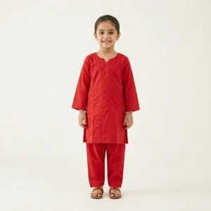 Vibrant Crimson Red 2-Piece Embroidered Co-ord Set for Girls