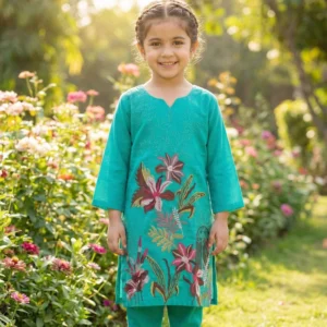 Girls Embroidered Kurta Set Teal – Floral Ethnic Wear