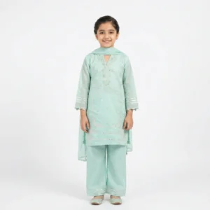 Girls Mint Green Embroidered Kurta Set with Dupatta – 3-Piece Festive Wear