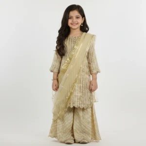 Girls Radiant Gold 3-Piece Sharara Set with Scalloped Embroidery & Net Dupatta