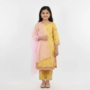 Girls Mustard Yellow Floral Printed Kurta Set with Pink Organza Dupatta