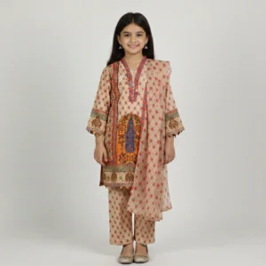 Girls Beige & Rust 3-Piece Digital Print Lawn Suit with Traditional Motif & Patterned Dupatta