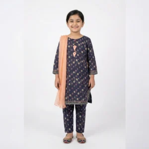 Girls' Navy Blue Printed 3-Piece Ethnic Suit with Peach Dupatta – Festive Kurta & Trouser Set
