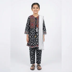 Girls Black Leaf Print 3-Piece Lawn Suit with Embroidered Ethnic Yoke & White Dupatta