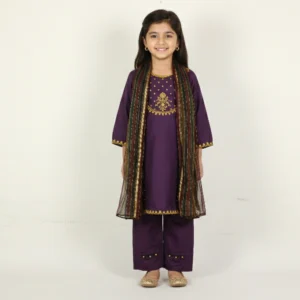 Girls Deep Purple Embroidered 3-Piece Silk Suit with Multi-Stripe Dupatta