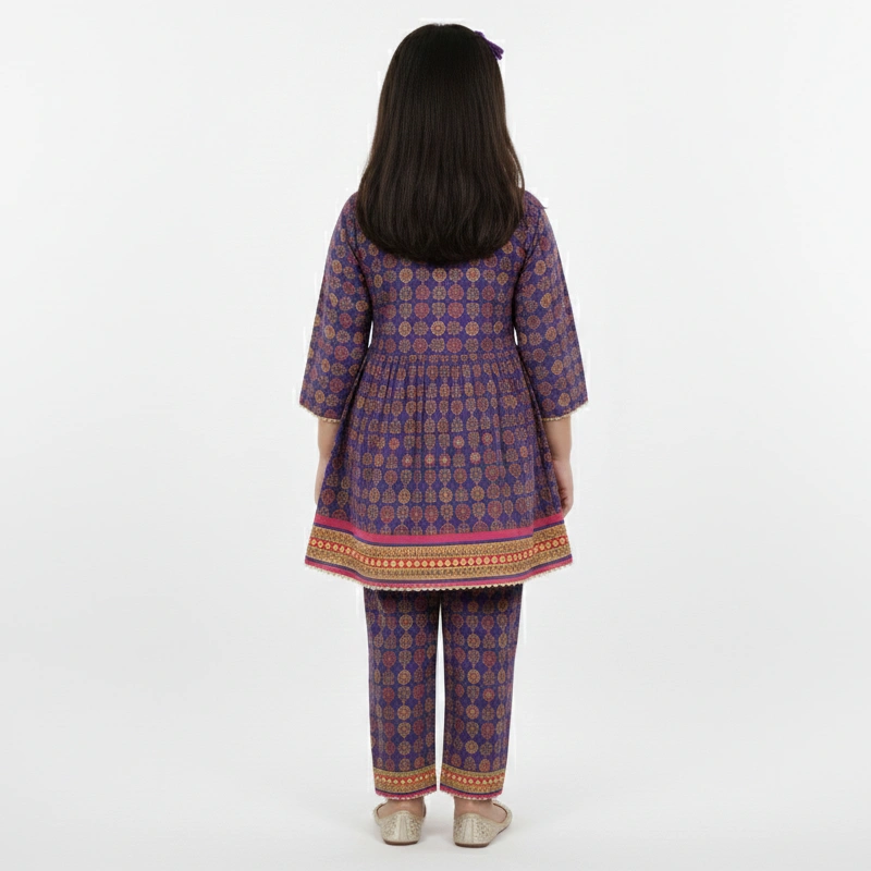 Girls Royal Purple Floral Peplum 3-Piece Suit with Gold Tissue Dupatta - Image 3