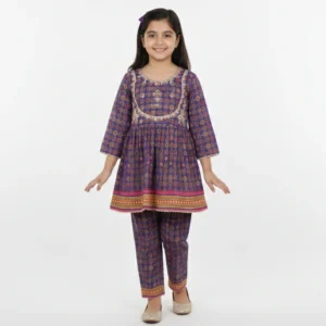 Girls Royal Purple Floral Peplum 3-Piece Suit with Gold Tissue Dupatta