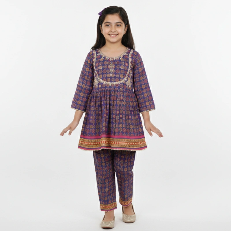 Girls Royal Purple Floral Peplum 3-Piece Suit with Gold Tissue Dupatta