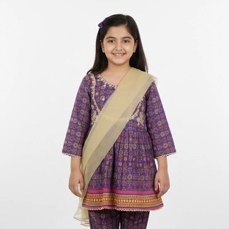 Girls Royal Purple Floral Peplum 3-Piece Suit with Gold Tissue Dupatta - Image 2