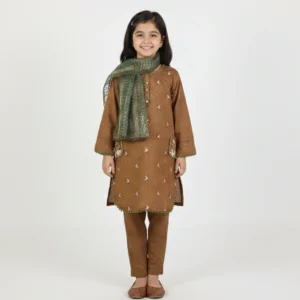 Girls Earthy Brown Embroidered Winter Kurta Set with Sage Green Dupatta – 3-Piece Suite
