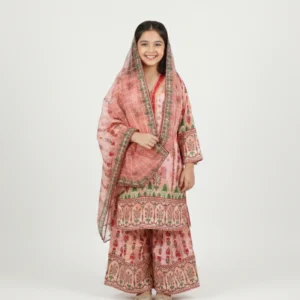 Girls Pink Digital Floral Printed 3-Piece Sharara Set with Dupatta
