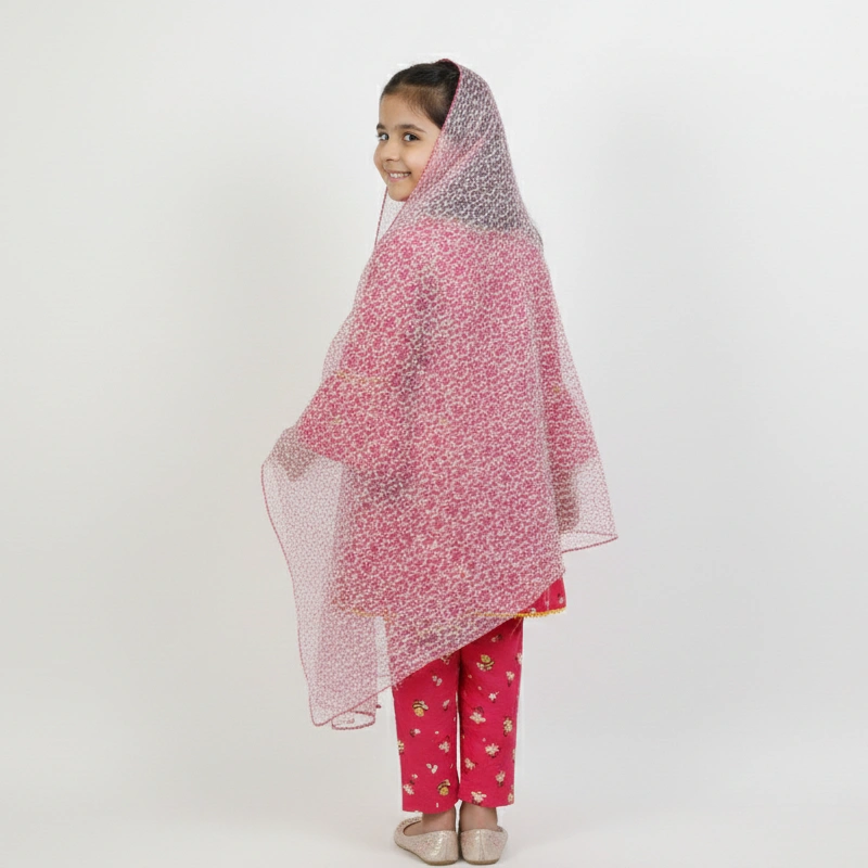 Girls 3-Piece Printed Pink Shalwar Kameez Set with Bell Sleeves & Net Dupatta - Image 2