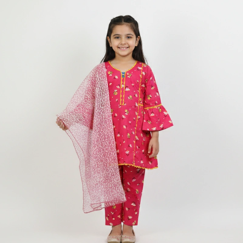 Girls 3-Piece Printed Pink Shalwar Kameez Set with Bell Sleeves & Net Dupatta