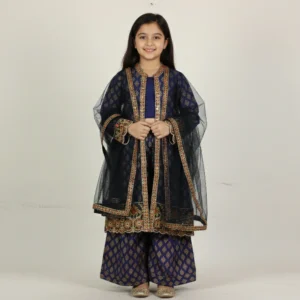 Girls' Royal Blue 4-Piece Ethnic Set with Embroidered Open Jacket & Net Dupatta