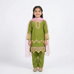 Girls Olive Green Embroidered 3-Piece Salwar Kameez Set with Soft Pink Organza Dupatta