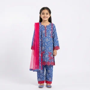 Girls Blue Floral Print Kurta Set with Magenta Lace Detail – 3-Piece Festive Suite