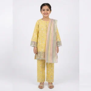 Girls Mustard Floral Print 3-Piece Salwar Kameez Set with Multicolored Striped Dupatta