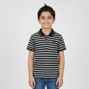 Boys' Classic Striped Polo Shirt – Grey & Black Horizontal Stripe Cotton Blend Polo