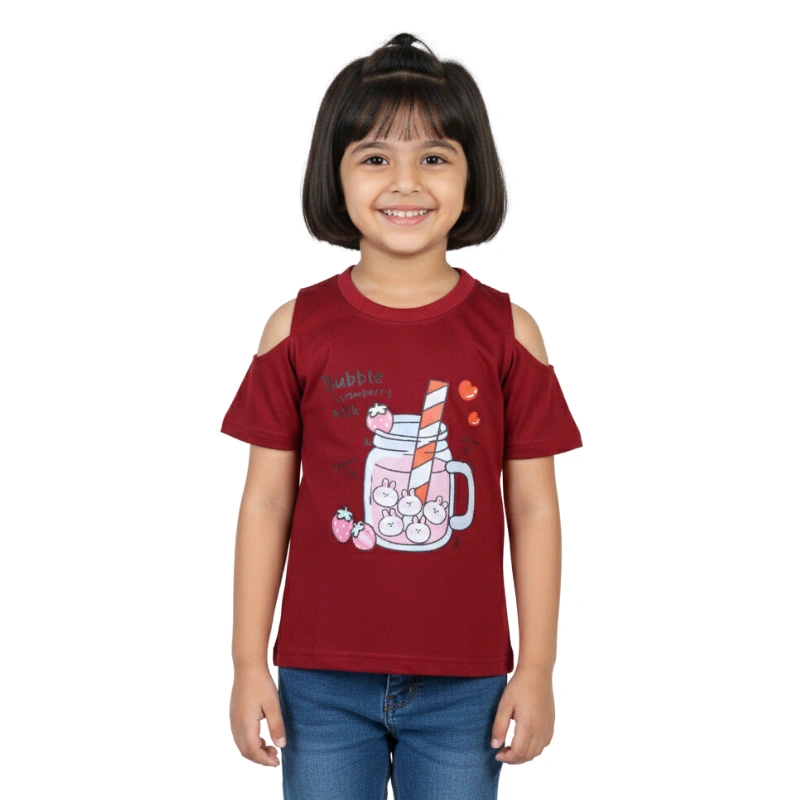 Girls' Maroon Cold-Shoulder T-Shirt - Cute Strawberry Bubble Milk Graphic Tee
