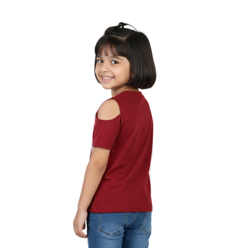 Girls' Maroon Cold-Shoulder T-Shirt - Cute Strawberry Bubble Milk Graphic Tee - Image 2