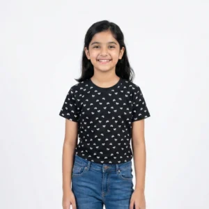 Girls Printed Cotton T-Shirt – Soft Casual Summer Graphic Tee for Kids (Black, Blue, Navy)