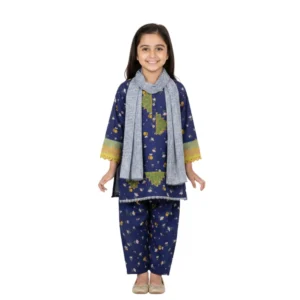 Girls' Navy Blue Printed 3-Piece Suit - Floral & Bee Motif with Contrasting Dupatta